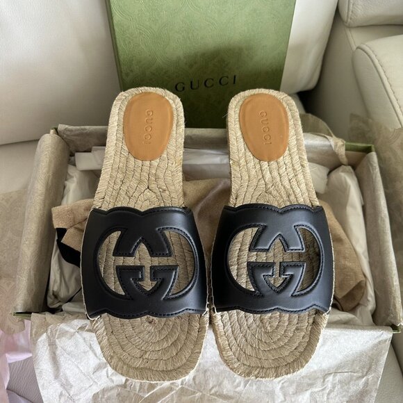NEW Gucci Interlocking G Cut Out Leather Slides Espadrilles sz 10 Men’s Sandals - Picture 7 of 12